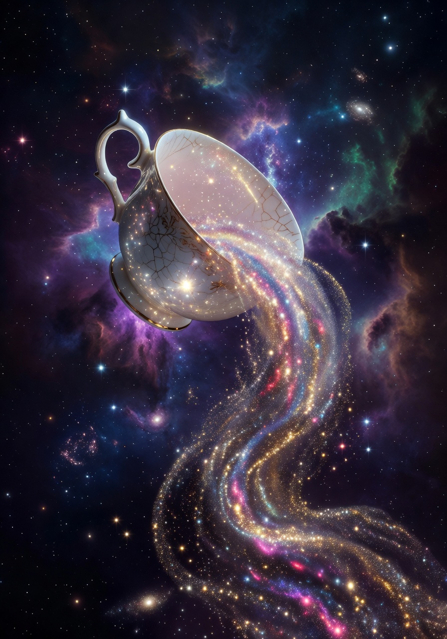 Large high-resolution book cover of A Cup of Starlight showing a glowing teacup spilling cosmic dust