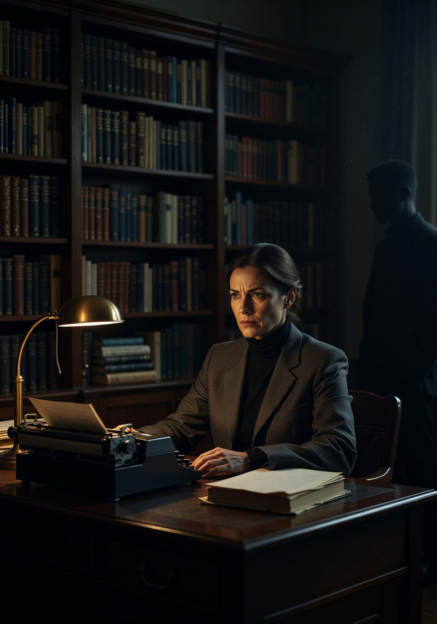 Portrait of author Elena Vance in a moody, low-lit setting