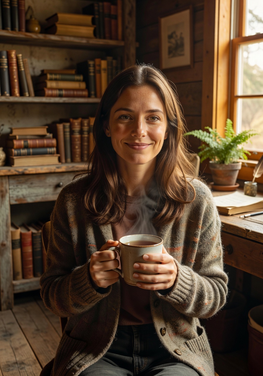 Portrait of author Lydia Hart smiling with a cup of tea