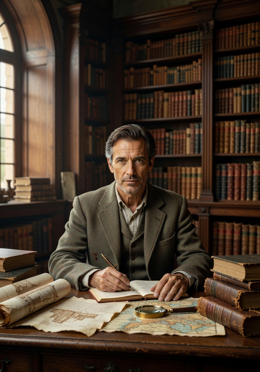 Portrait of author Marcus Thorne wearing a tweed jacket