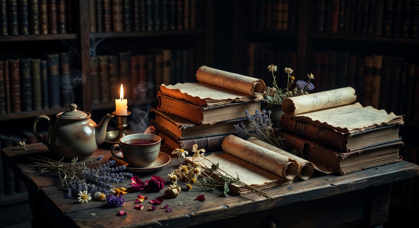 A cozy fantasy setup with tea, dried flowers, and old manuscripts
