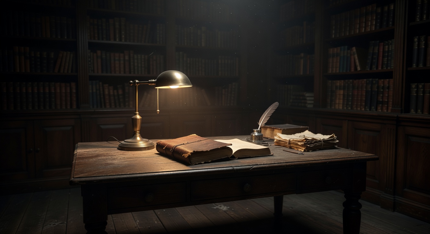 A dark, moody study room with a single lamp