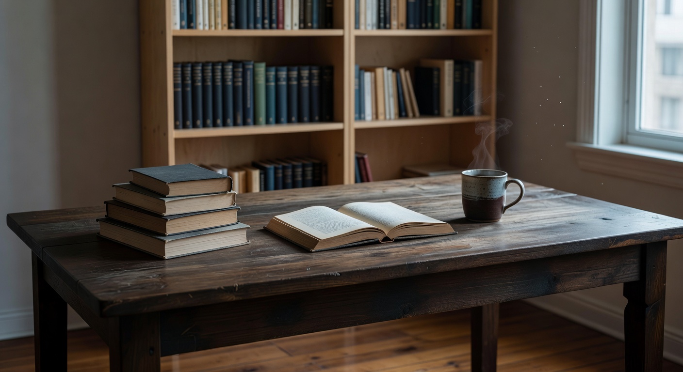 A clean, structured desk space with memoirs and coffee