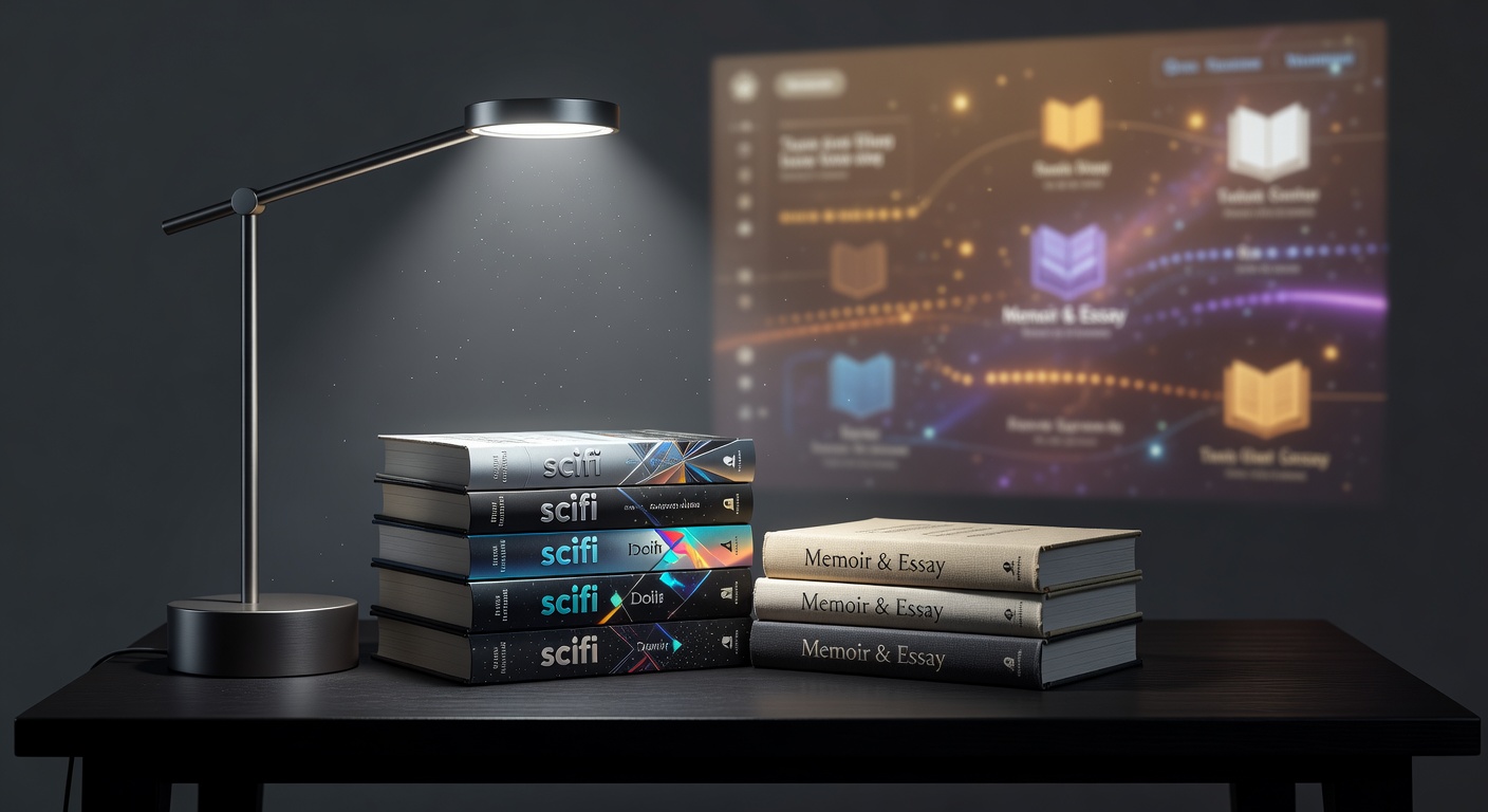 A sleek modern lamp shining over speculative fiction books