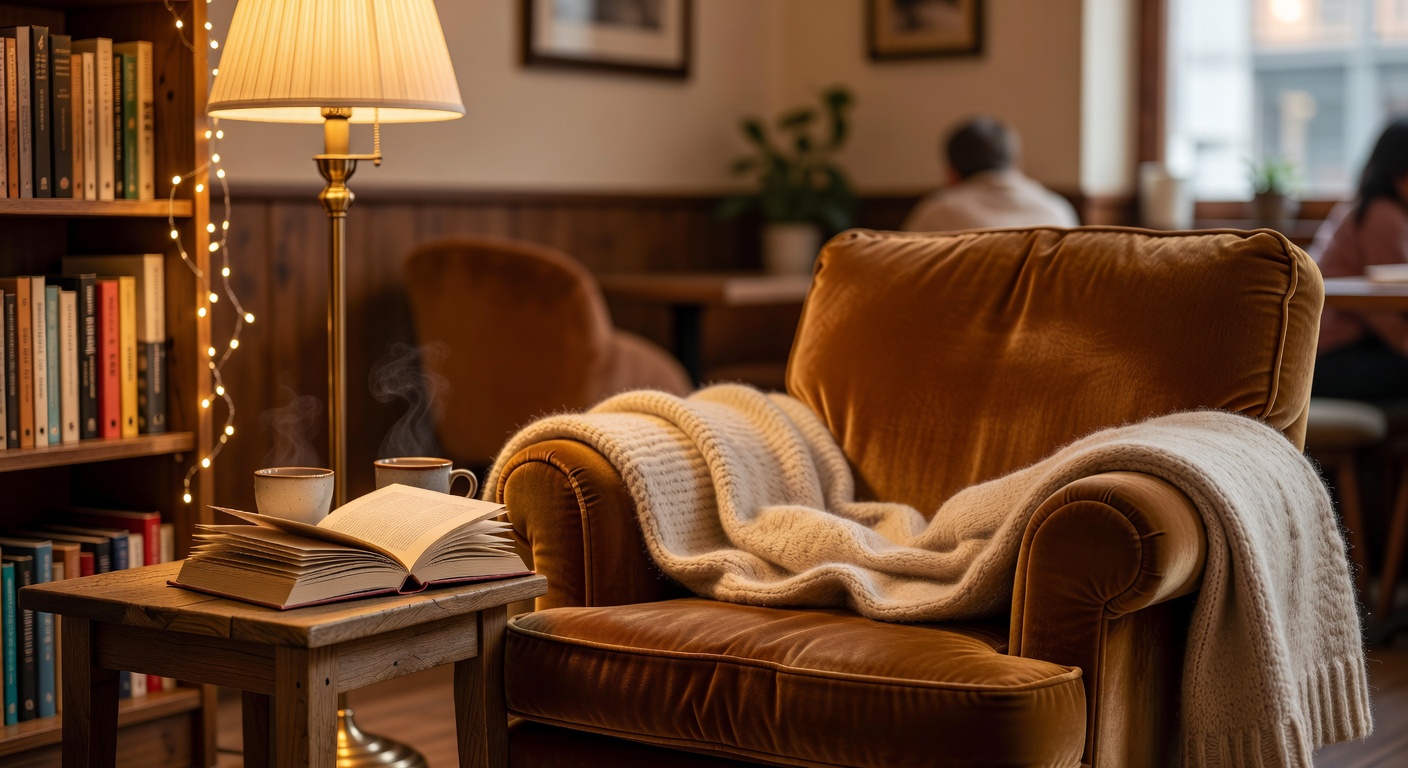 A warm, inviting reading nook with an open book, a cup of coffee, and soft lighting