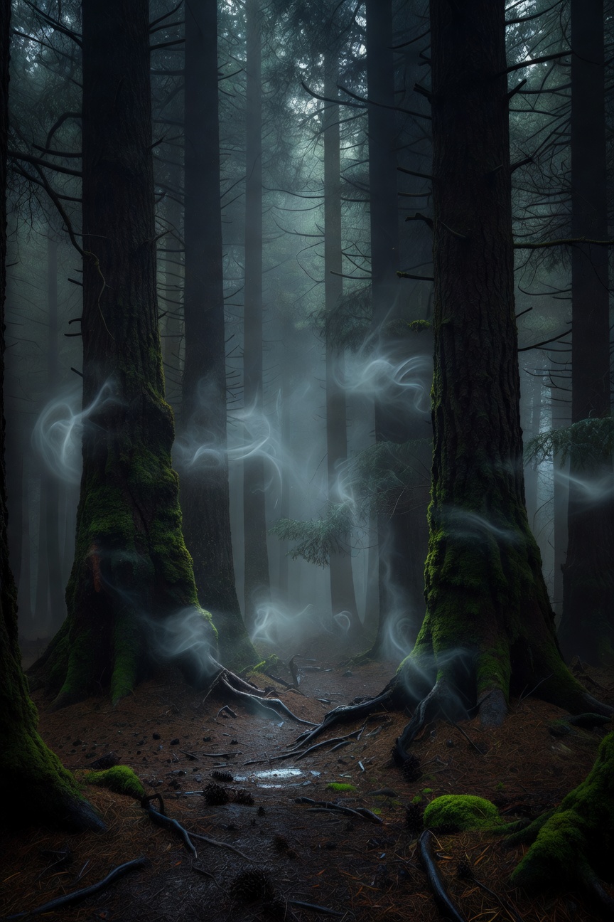 Large high-resolution book cover of Whispers in the Wood depicting dark misty pines