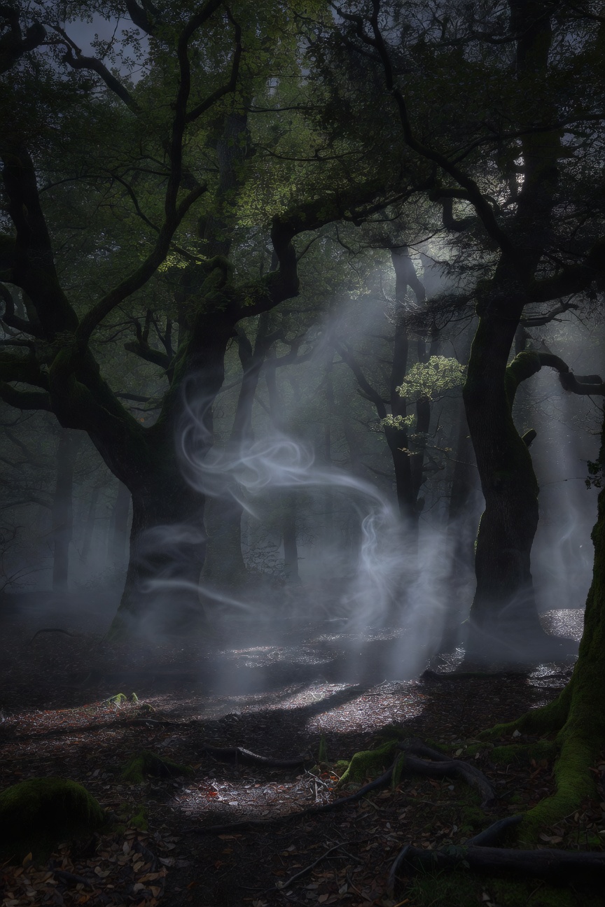 Book cover for Whispers in the Wood showing a misty forest path